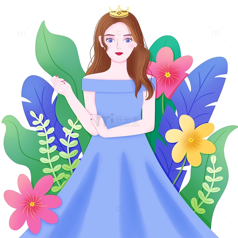 蓝色手绘三八节女神节女王优雅美女植物插画