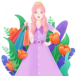 手绘三八女神节女王美女植物郁金香花朵插画