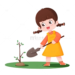 女孩植树节在草地种树免抠元素