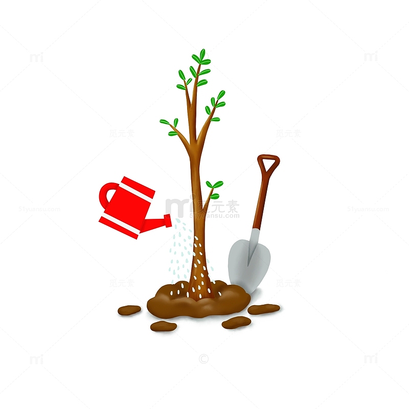 水壶铁锹树苗植树节元素