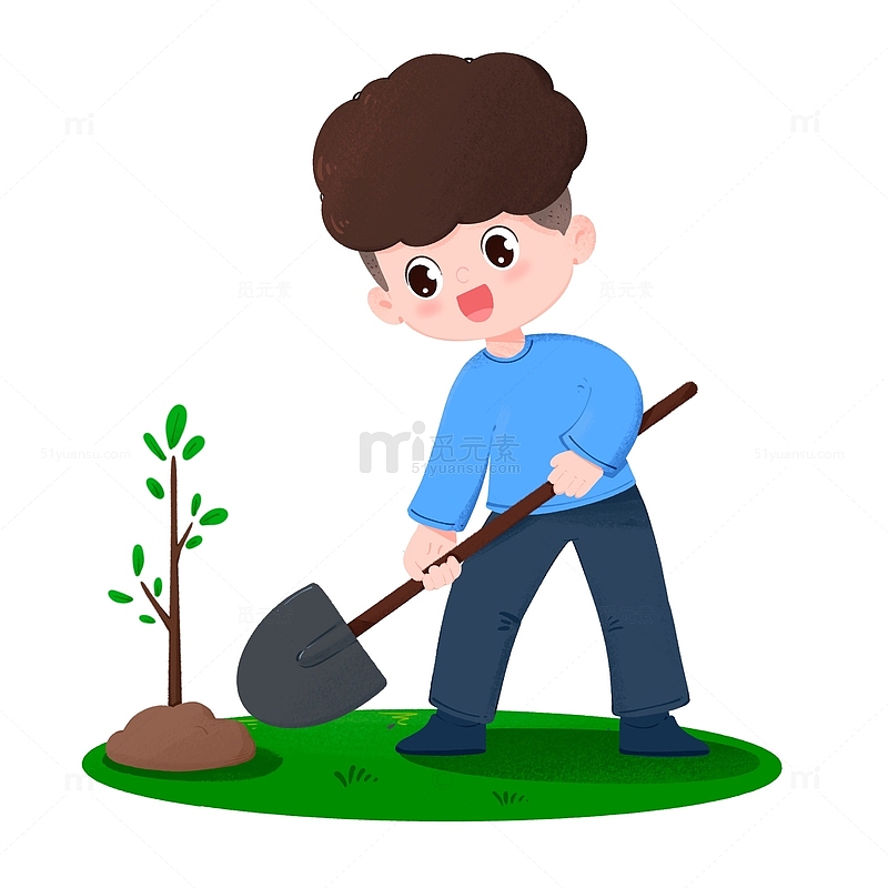 春天植树节男孩在草地种树免抠元素