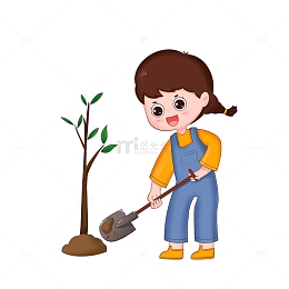 女孩植树节拿着铁锹种树免抠元素