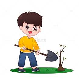 男孩植树节在草地上种树免抠元素