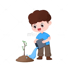 春天男孩植树节给小树苗浇水元素