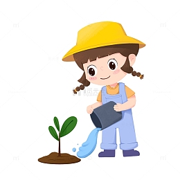 春天女孩植树节给小树苗浇水元素