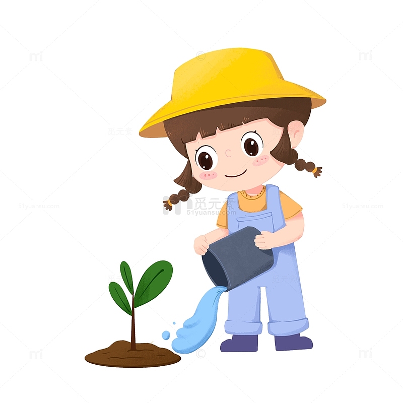春天女孩植树节给小树苗浇水元素