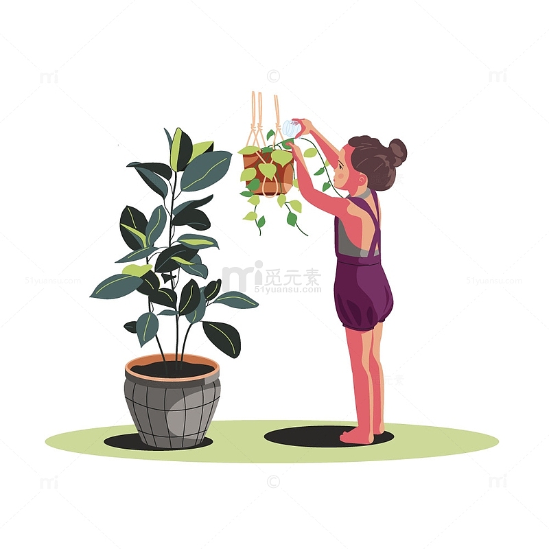 盆栽绿植小女孩浇水扁平矢量