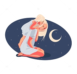 母女夜晚妈妈背女儿嬉笑月亮