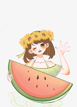 夏日清新带花环的阳光少女怀抱西瓜