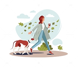 女性遛狗树叶落叶简约扁平