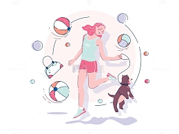 女性遛狗逗狗玩耍皮球扁平