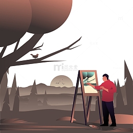 绘画写生傍晚户外画家艺术家矢量扁平