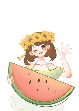 夏日清新带花环的阳光少女怀抱西瓜