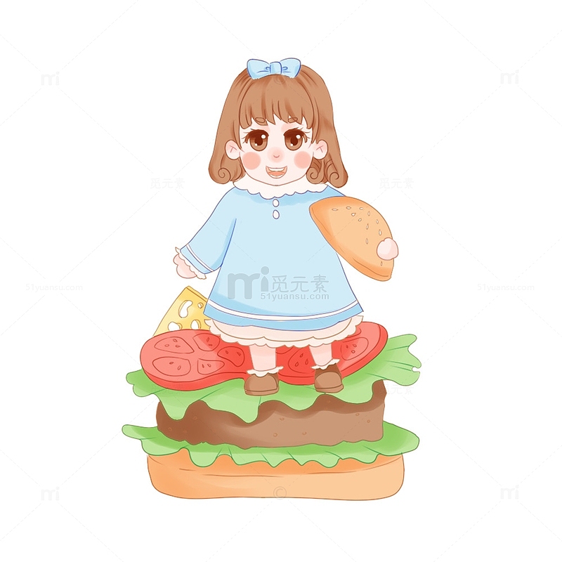 食物汉堡小女孩可爱手绘面包