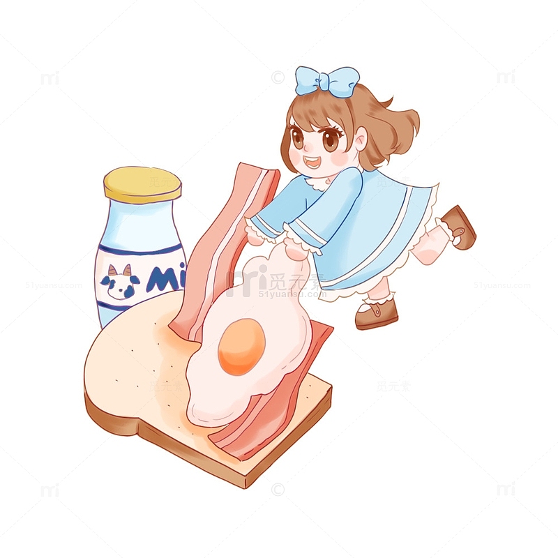 小女孩早餐面包牛奶可爱鸡蛋牛奶