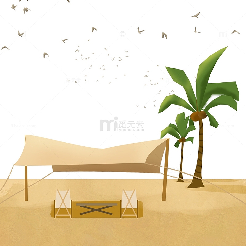 沙滩露营天幕椰树海鸥户外手绘背景元素