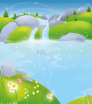 春天背景河流草地花朵春天场景春分扁平