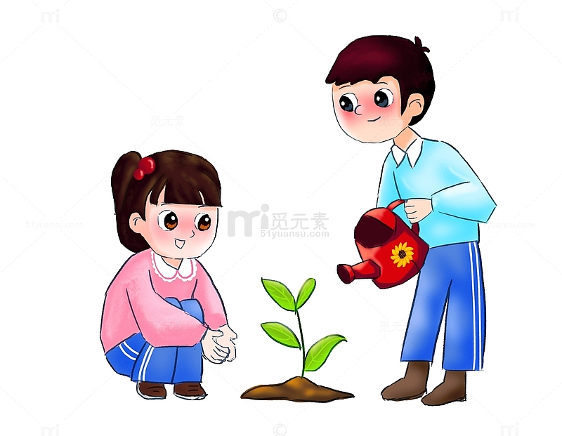 男孩女孩浇灌树苗