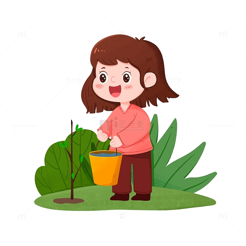 春天植树节女孩拿着水桶给树苗浇水元素