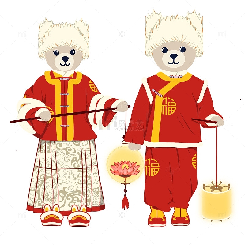 春节插画熊IP形象过年节日节气国潮提灯笼