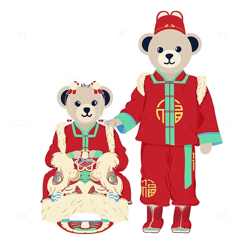 春节插画熊IP形象过年节日节气舞狮子