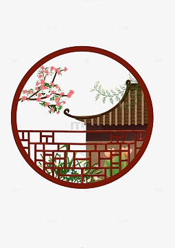 江南古风窗植物桃花屋檐春天