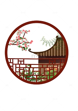 江南古风窗植物桃花屋檐春天