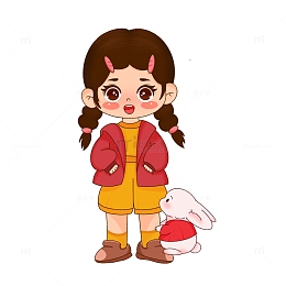 手绘小女孩双手插兜小兔子IP元素