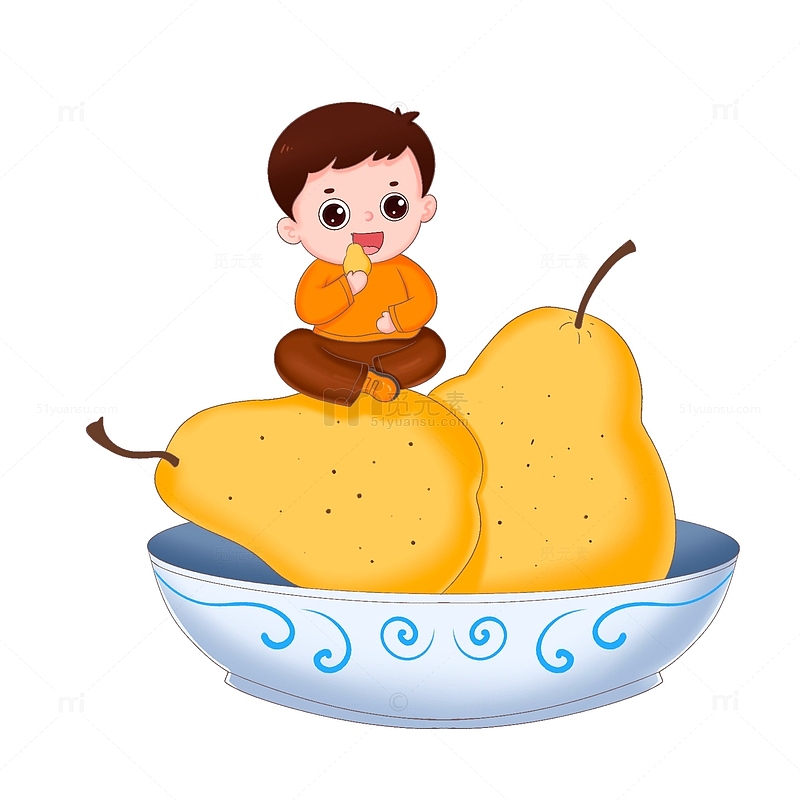 惊蛰节气男孩坐在一碟梨子上开心吃梨子元素