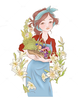 清新手绘田园女孩手绘插画元素