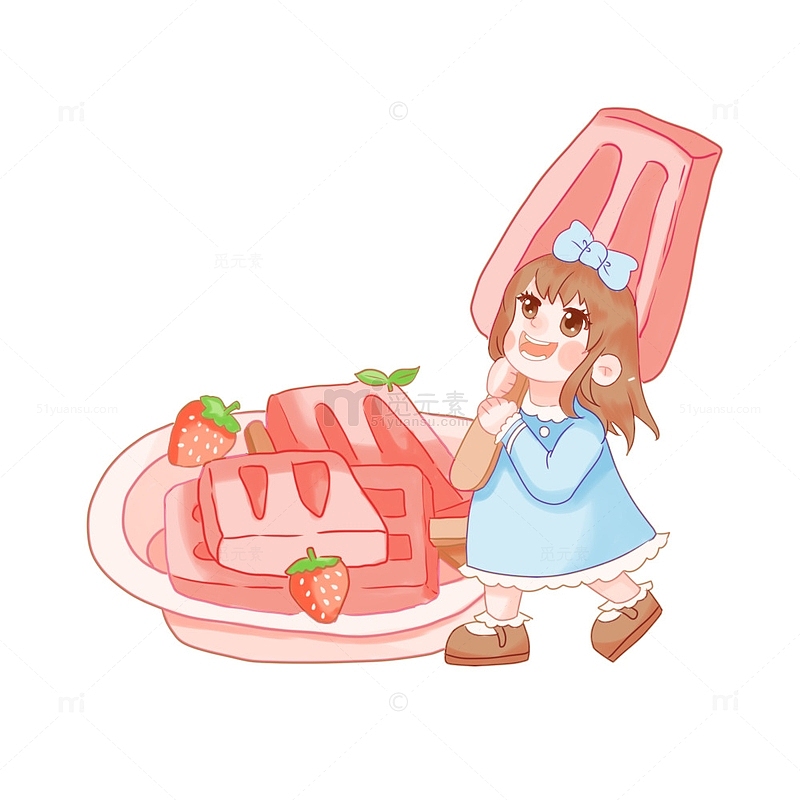 冰棒小女孩草莓冷饮夏日快乐卡通