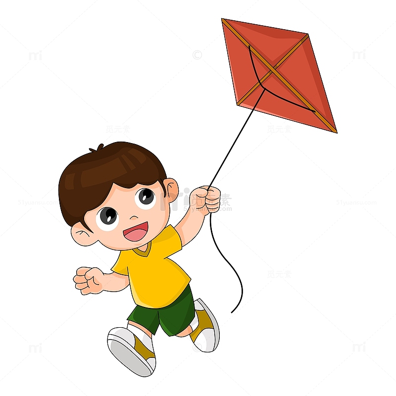 奔跑放风筝的卡通男孩