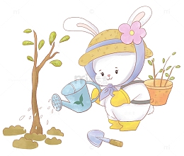 清新植树节小兔子洒水种树手绘插画