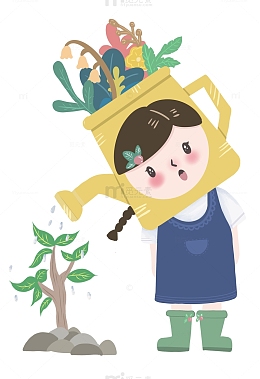 绿色小清新植树节女孩浇树手绘插画