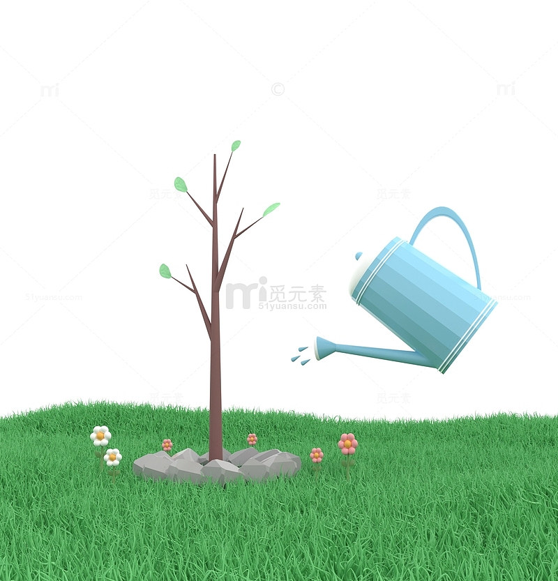 植树节3d立体种树浇水洒水壶花卉春季草地