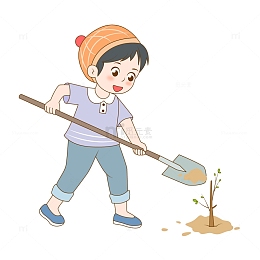 清新可爱小男孩植树种树手绘图