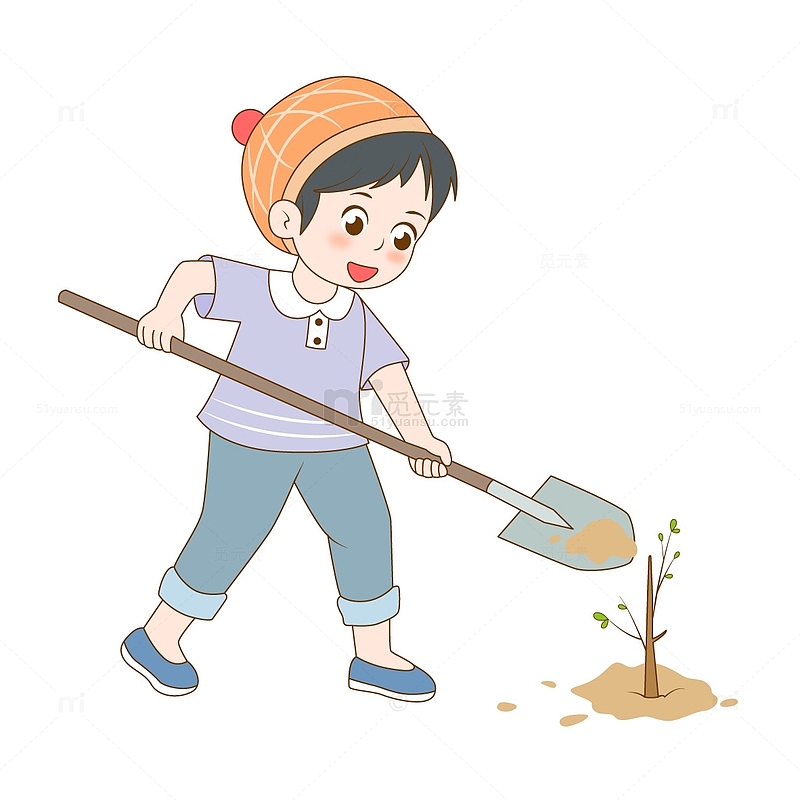 清新可爱小男孩植树种树手绘图