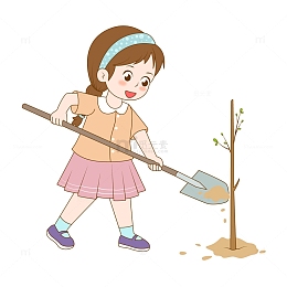 清新可爱小女孩植树种树手绘图