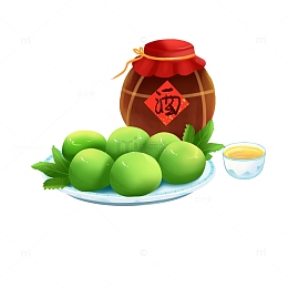 手绘卡通清明节青团酒坛酒杯艾叶素材