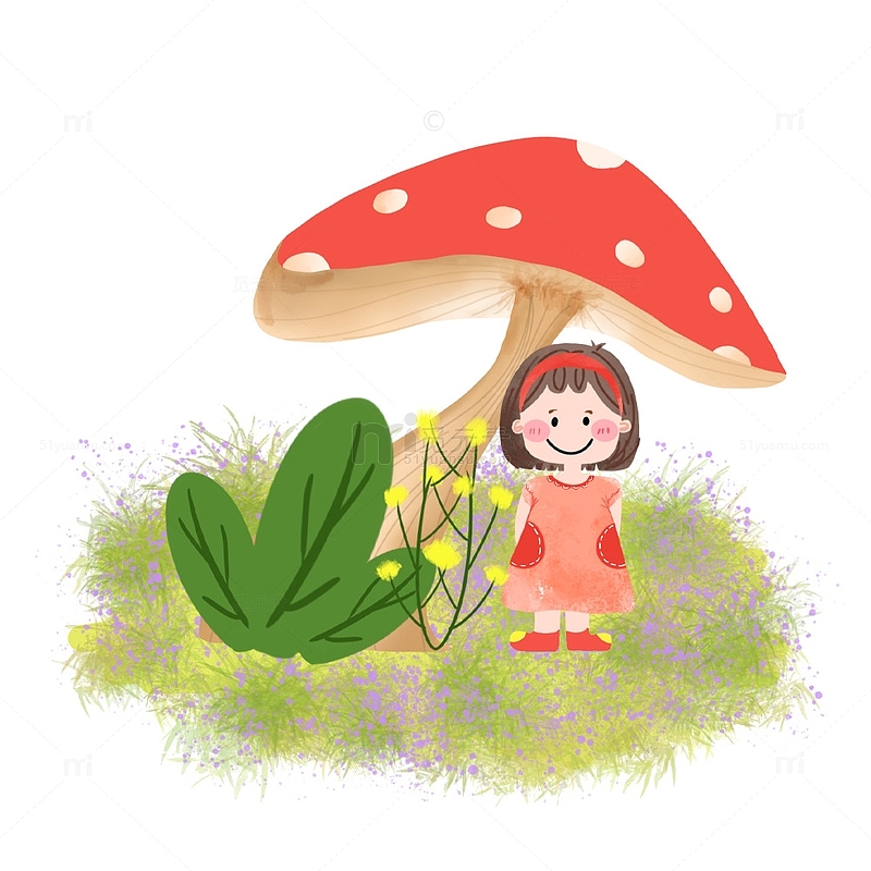 春天手绘插画女孩站在蘑菇下