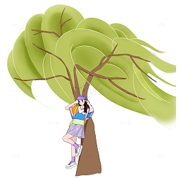 春风吹拂柳树下的女孩春分场景穿搭扁平风