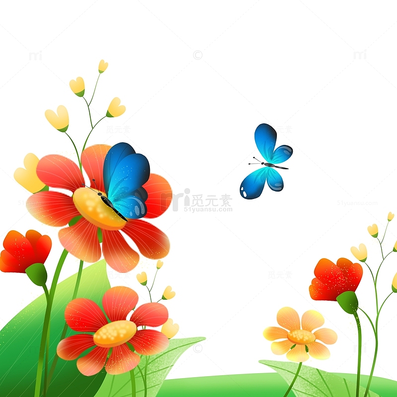 春天蝴蝶花草植物手绘装饰元素