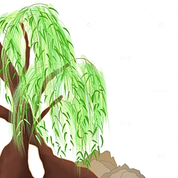 绿色清新清明节山水柳树装饰场景元素