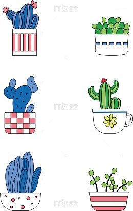 小清新可爱室内阳台盆栽植物花草线描图元素