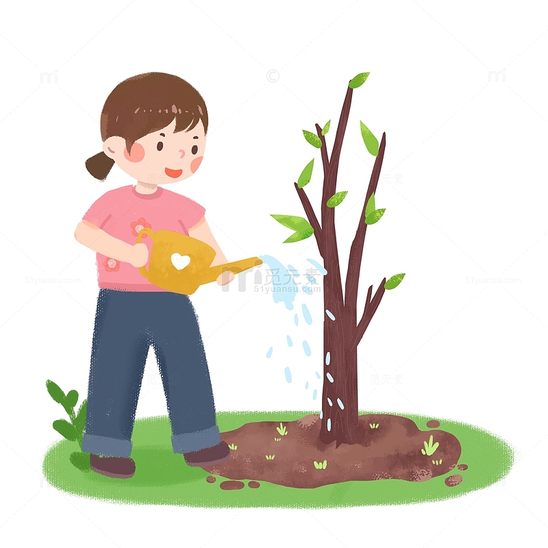 春天小树苗浇水环保绿植人物装饰插画