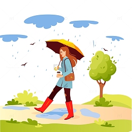 春天春分惊蛰手绘女孩打伞雨点春天场景