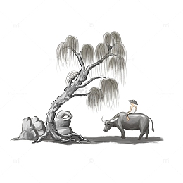 水墨画清明节柳树牧童骑牛