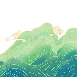 国潮山水绿色风景祥云