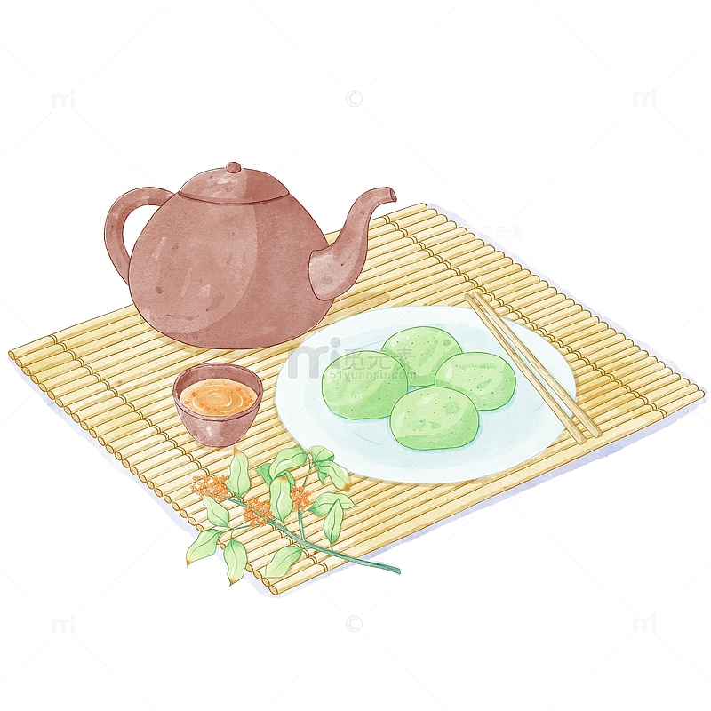 清新水彩清明节桂花茶茶壶青团淡彩手绘元素