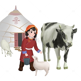 人物，牛，羊，蒙古包